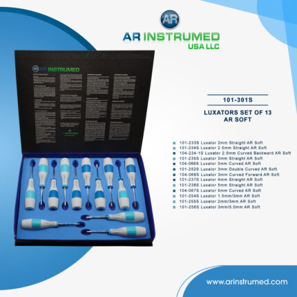 13-piece dental luxating set designed for controlled tooth loosening and root luxation.